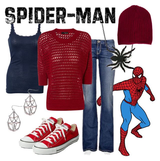 a woman in red sweater and blue jeans with spider man on her shirt, converse sneakers