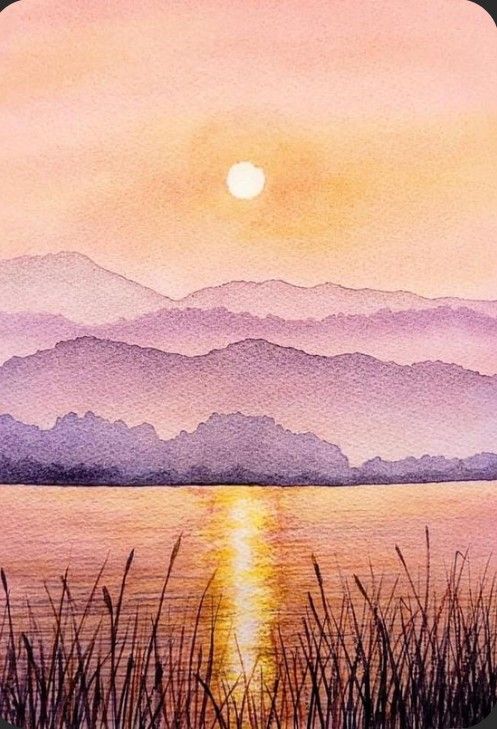 a watercolor painting of the sun setting over a lake with mountains in the background