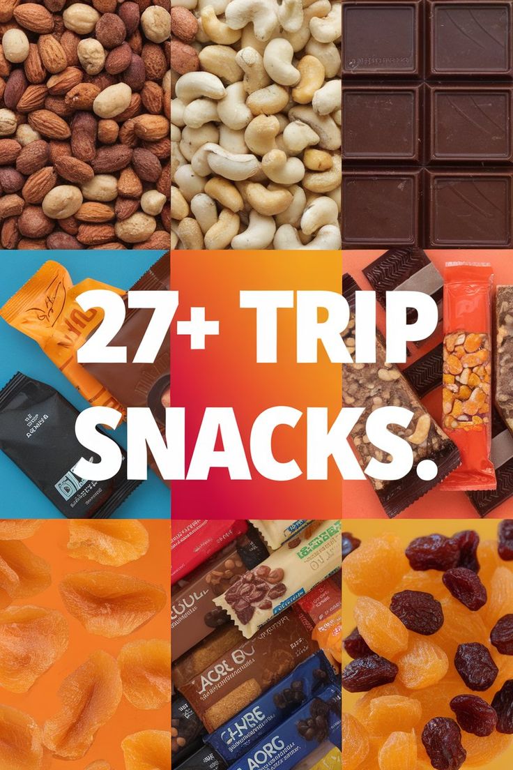 several different types of snacks with the words, 27 + trip snacks