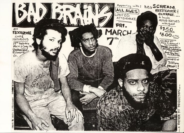 an old poster with the band bad brainz on it's front page, in black and white