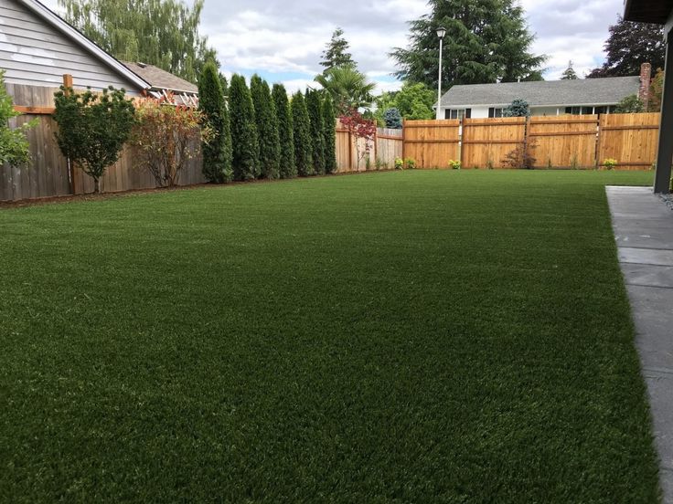 a backyard with green grass and wooden fence