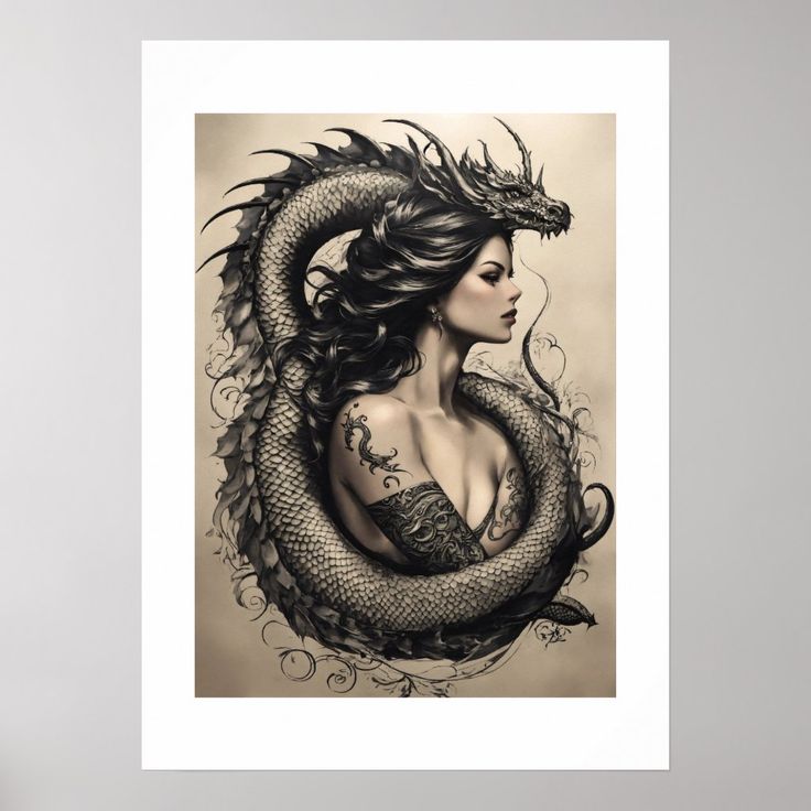 a black and white drawing of a woman with a dragon on her shoulder