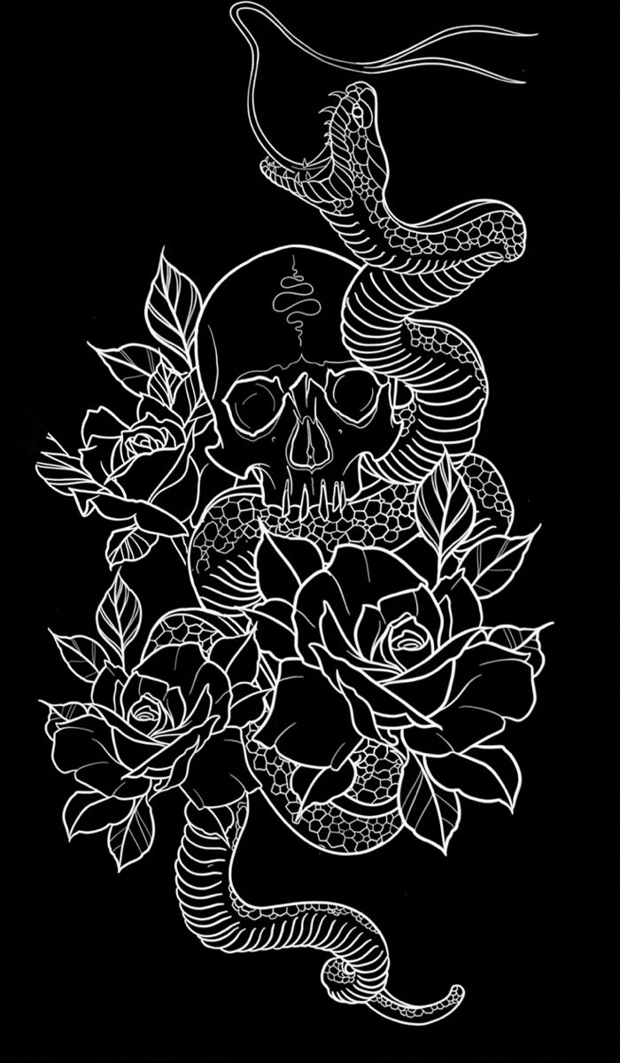 a drawing of a skull and roses on a black background