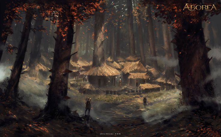 an image of a forest with houses in the woods and people walking through it, surrounded by