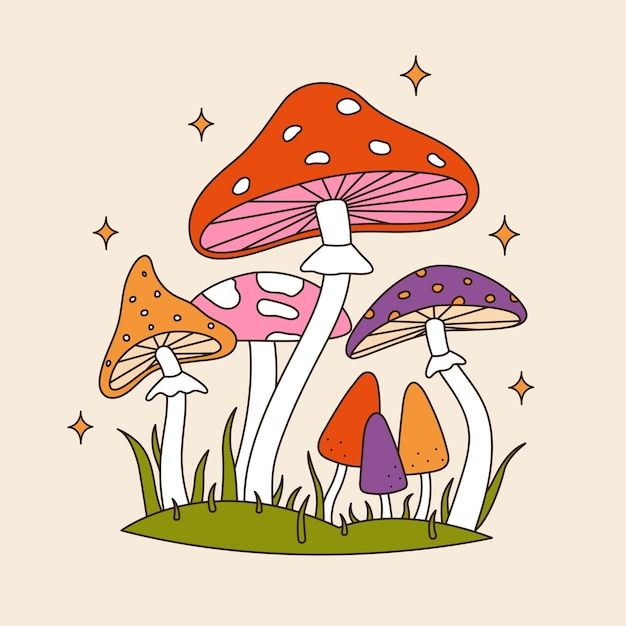 colorful mushrooms on the grass with stars in the background - stock photo, hand drawn illustration