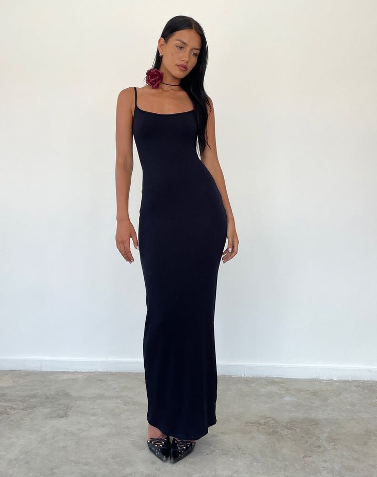 Black Forest Thick Rib Bardot Maxi Dress | Racha – motelrocks-com-us Black Dress Outfit Dinner, Black Long Dress Casual, Black Dress Dinner, Black Maxi Dress Outfit Ideas, Long Black Dress Casual, Black Maxi Dress Outfit, Bodycon Dress Outfit, Wife Clothes, Closet Redo