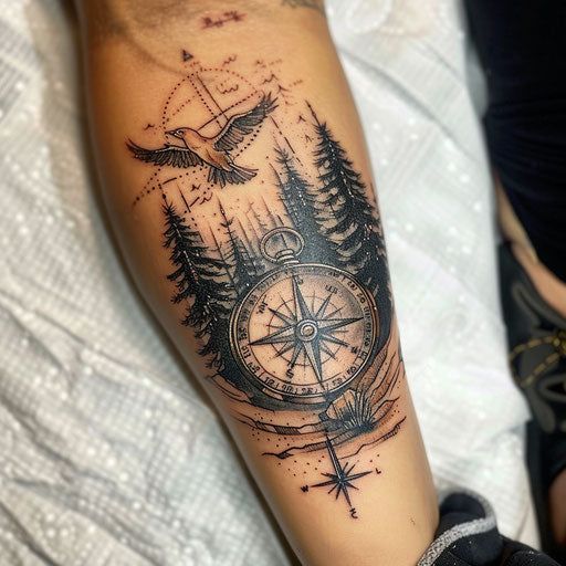 Exclusive Hunting Tattoo Files Cool Meaningful Tattoos For Guys, Country Forearm Tattoo, Cool Mens Tattoos, Tree Tattoo Sleeve, Compass Tattoo Ideas, Pine Tattoo, Tattoo Quotes For Men, Hunting Tattoos, Cuff Tattoo