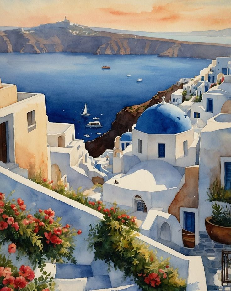 an oil painting of a view of the ocean and buildings in oia, kaua'i