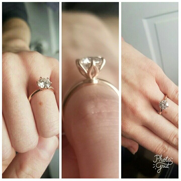 three different views of a woman's engagement ring