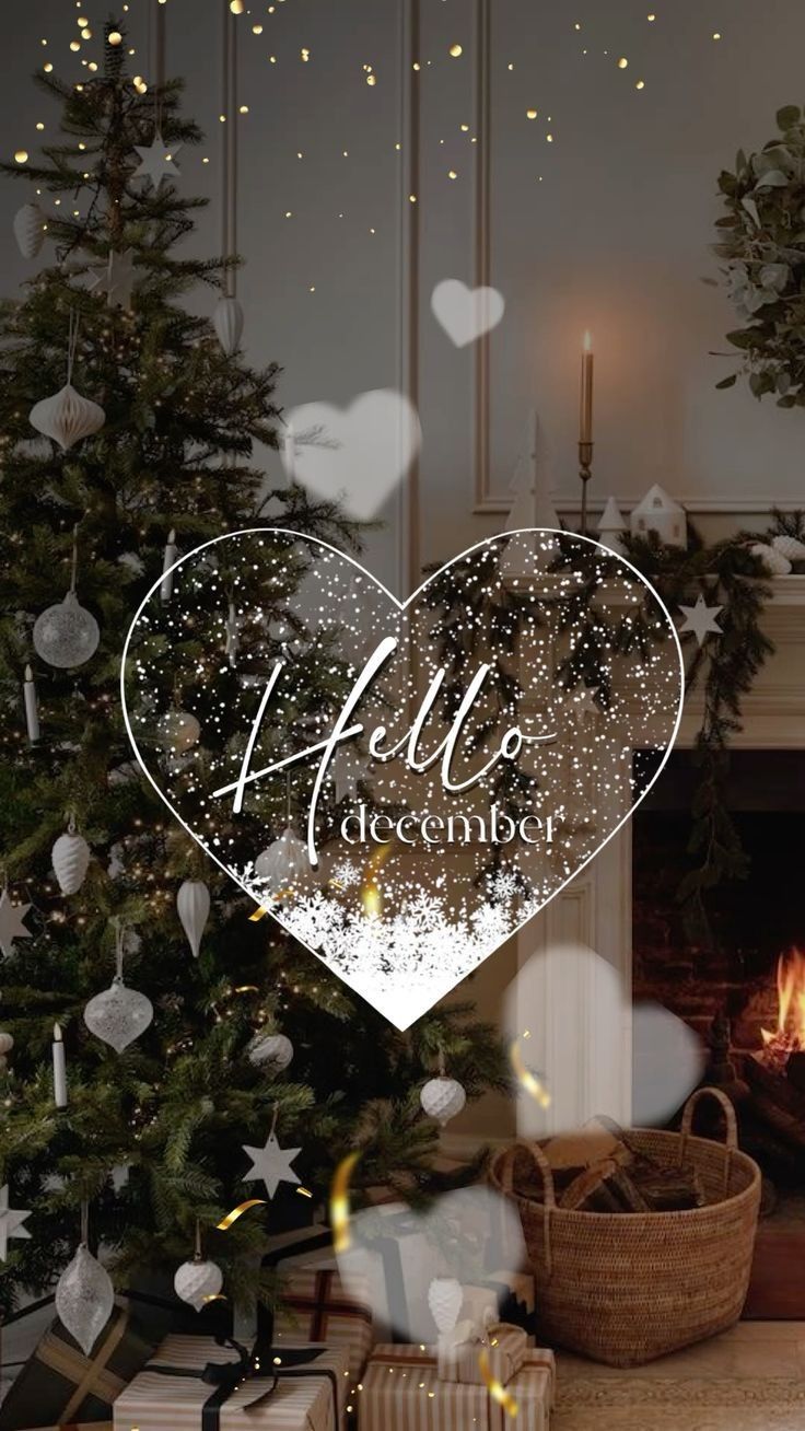 a christmas tree in front of a fireplace with the words hello december written on it