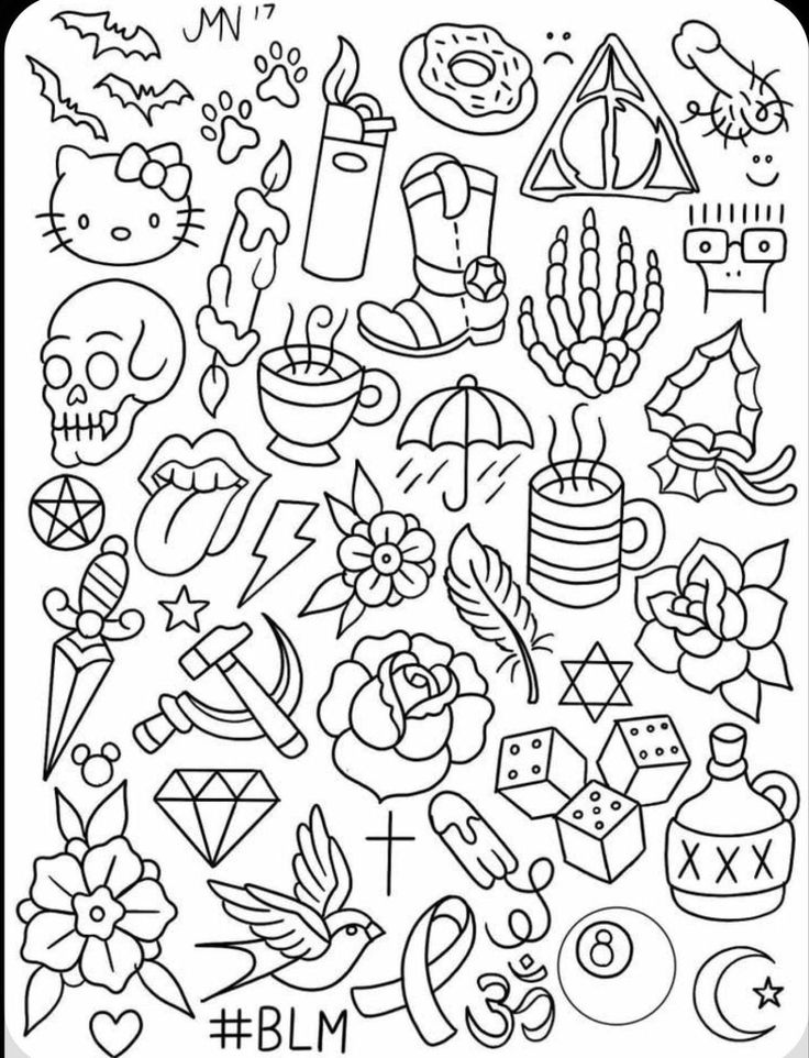 a black and white coloring page with lots of tattoos