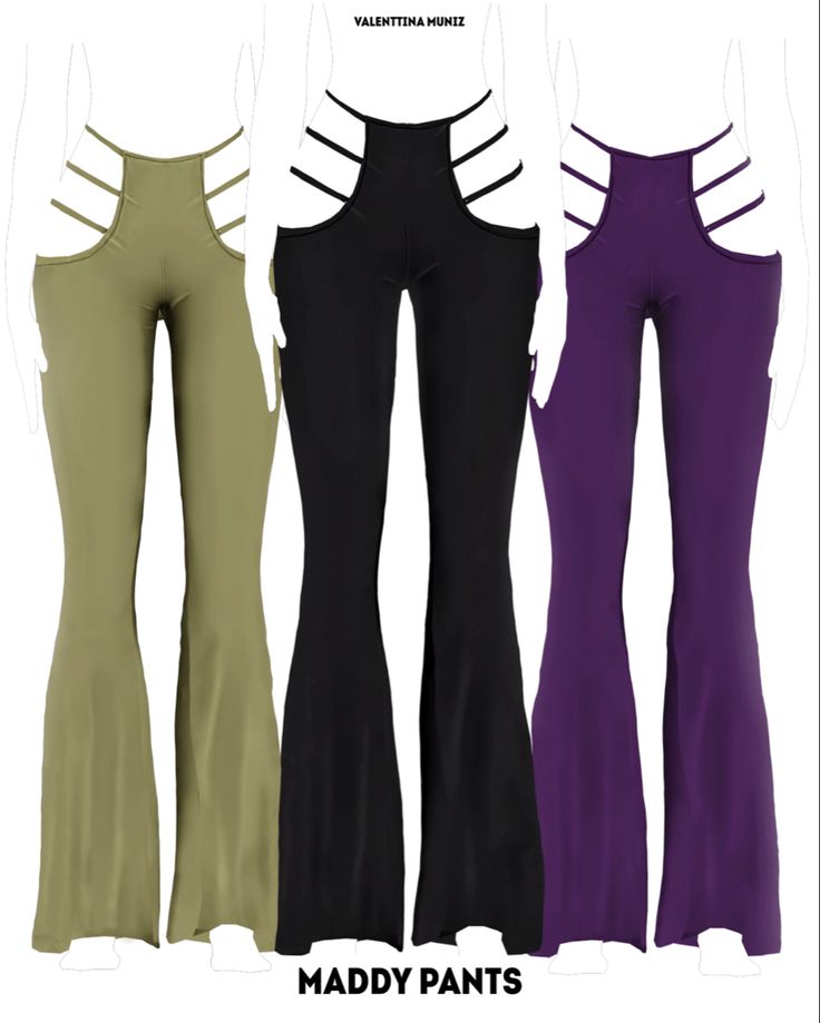 three different colored pants with cutouts on the sides and one has an open back