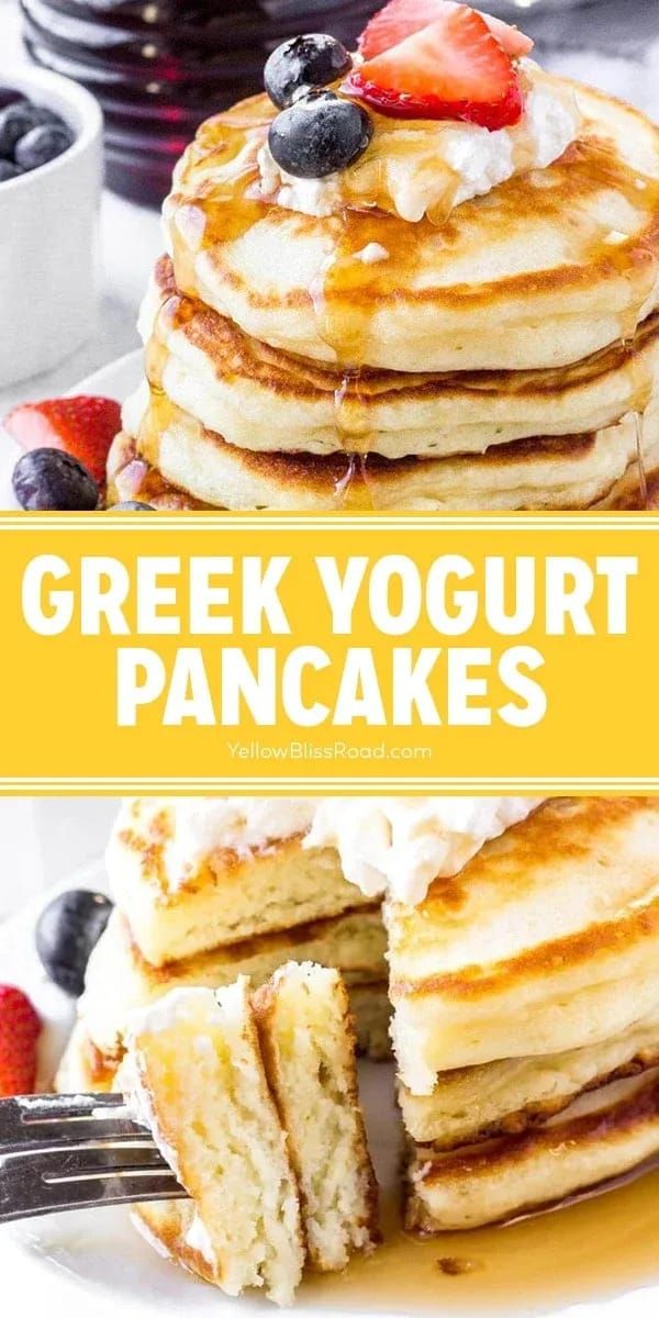 greek yogurt pancakes with strawberries and blueberries are stacked on top of each other