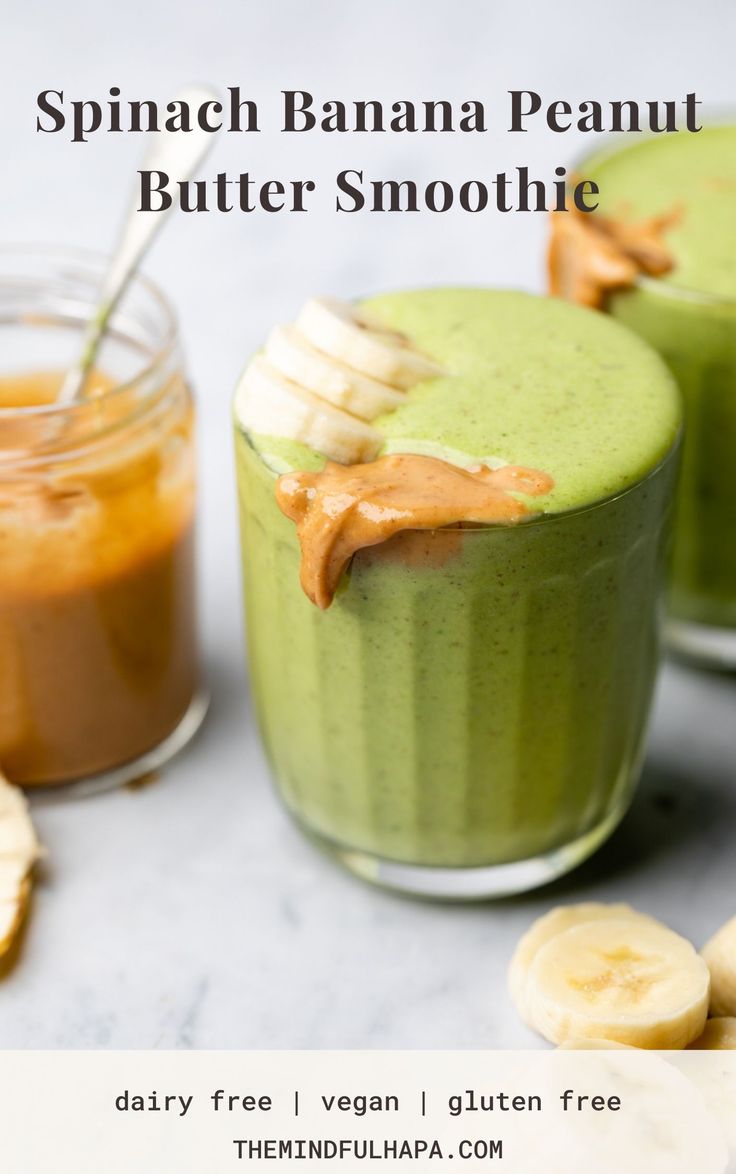 spinach banana peanut butter smoothie in small glasses