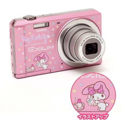 a pink camera with hello kitty stickers on it