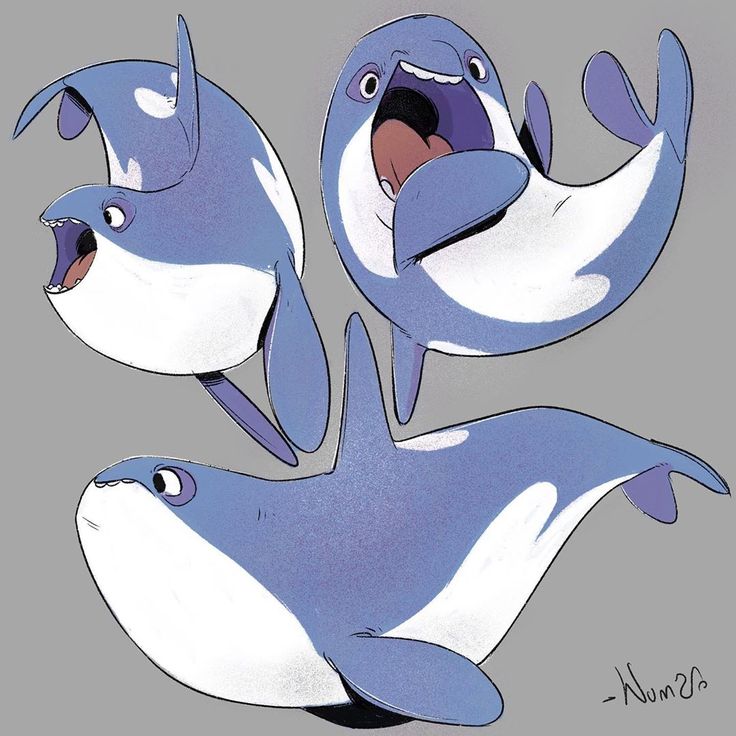 three blue and white cartoon dolphins with mouths open