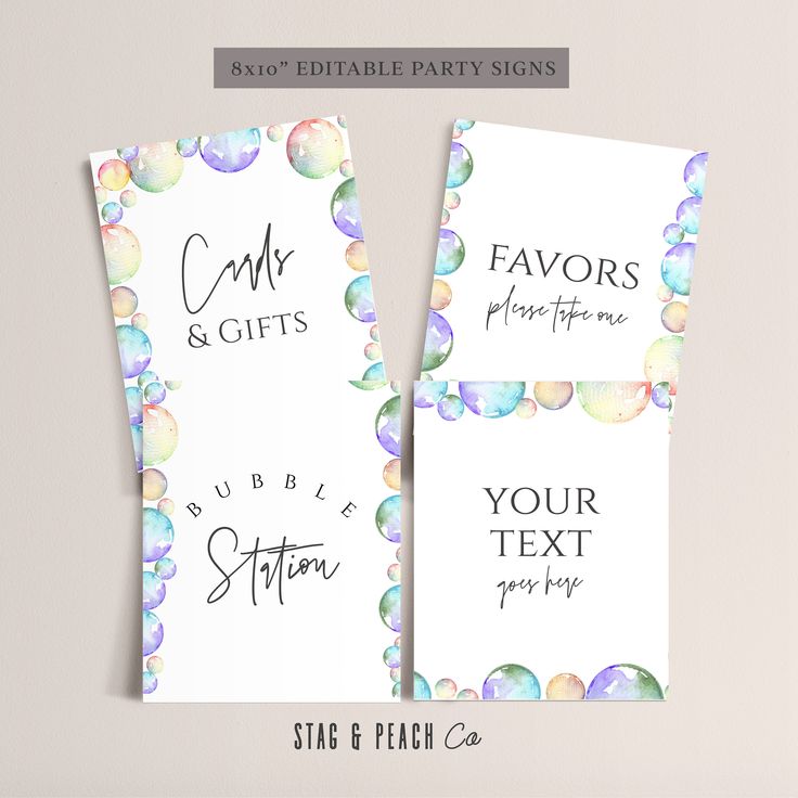 two watercolor bubbles party signs with text