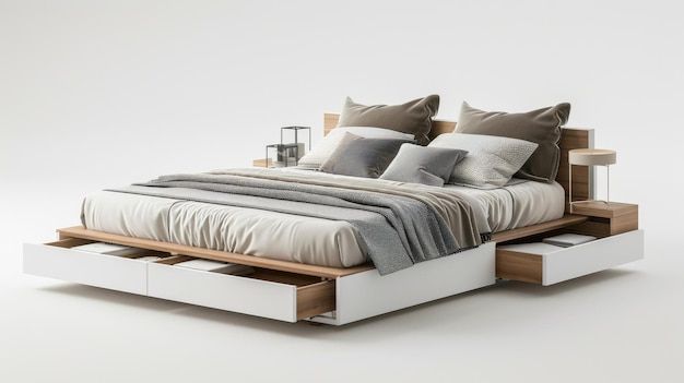 a bed with two drawers underneath it