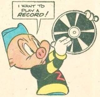 a cartoon drawing of a man holding a spinning wheel and saying i want to play a record