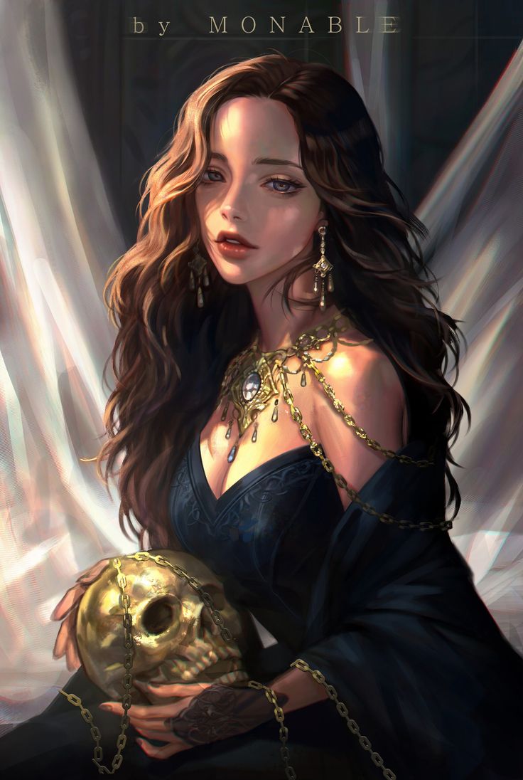 a woman with long hair holding a golden skull in front of her face and wearing gold jewelry