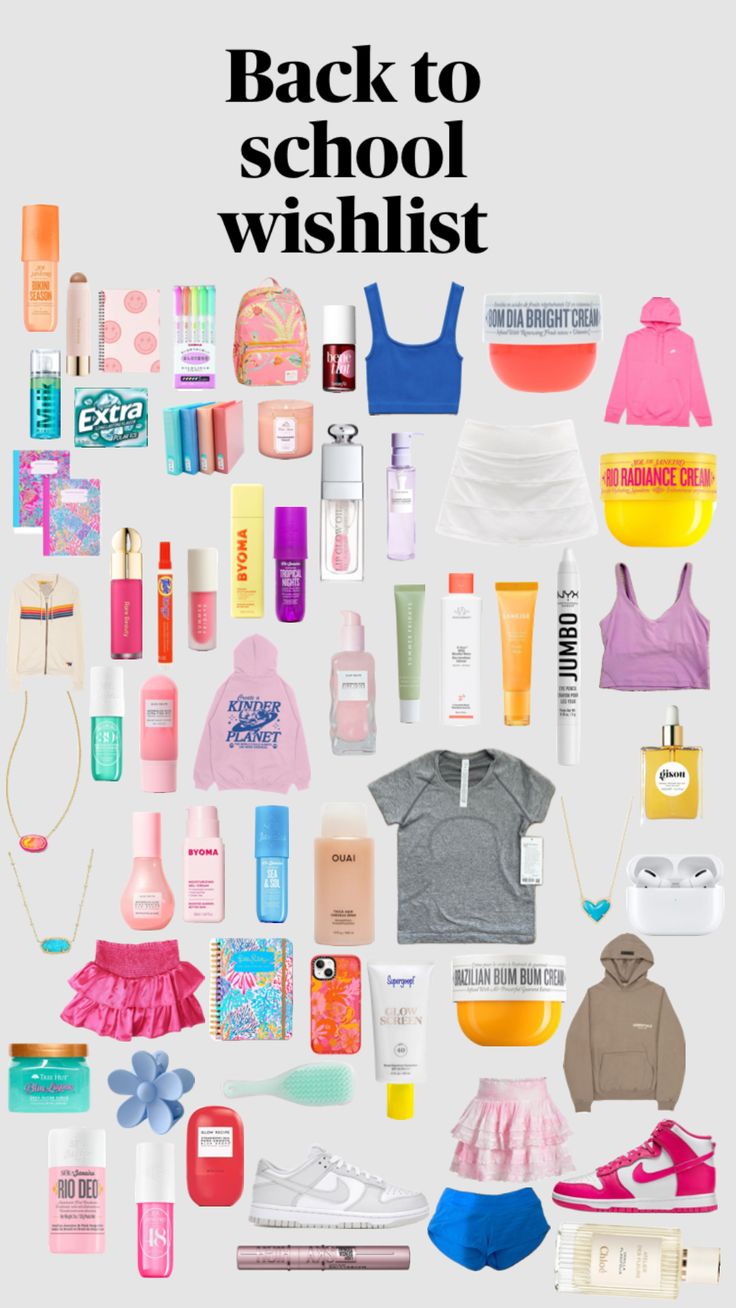 the back to school wishlist is full of items that are all in pink and blue