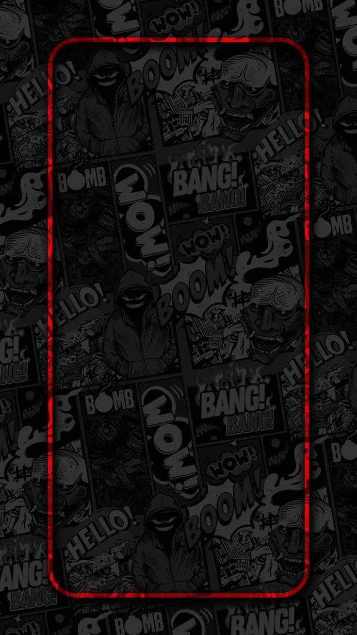 the red frame is surrounded by black and white comic wallpaper, which includes comics