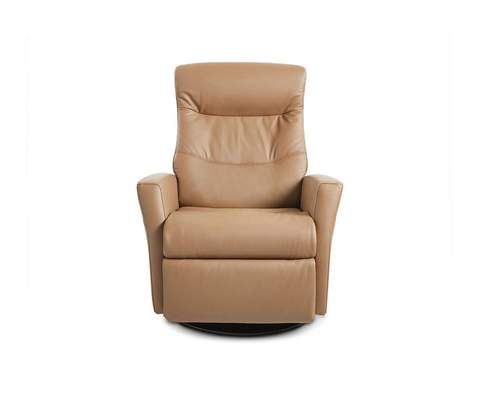 a tan leather recliner chair on a white background, with the seat upholstered