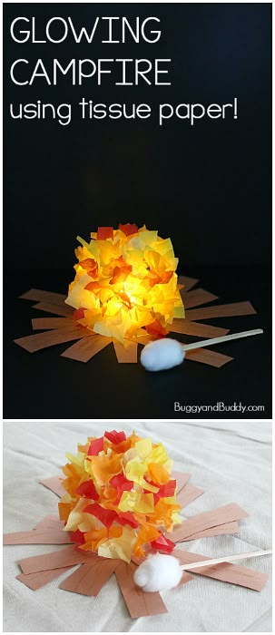 a paper flower made out of construction paper and some glue on the side with text reading glowing campfire using tissue paper