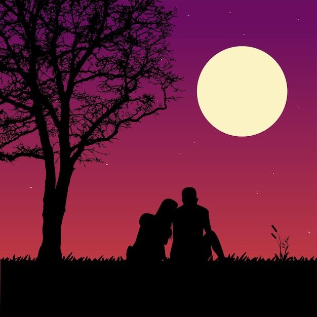 two people sitting under a tree in front of a full moon at night with the silhouettes of trees