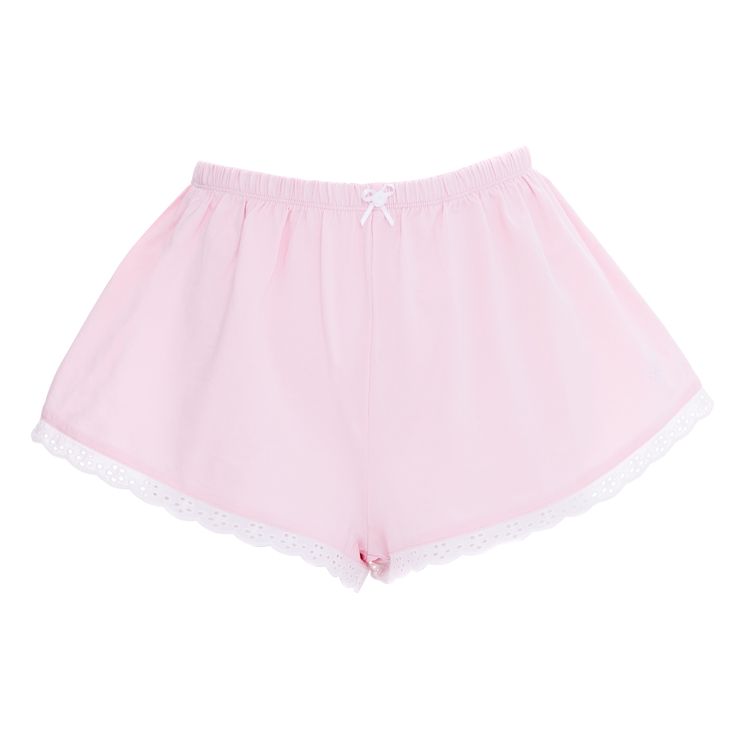 Sleep like a kitten in our lil shorties, with a comfy flared fit. Made in plushy thick cotton spandex in baby pink and trimmed with cotton eyelet lace. Elastic inside the gathered waistband, and a rosette at center front. Tiny embroidered paw prints at side bottom. Pink Cute Summer Pajama Shorts, Cute Pink Cotton Pajama Shorts, Cute Pink Clothes, Coquette Shorts Png, Pink Cotton Kawaii Sets, Cute Comfy Clothes, Pink Sleep Shorts, Kawaii Shorts, Eyelet Lace