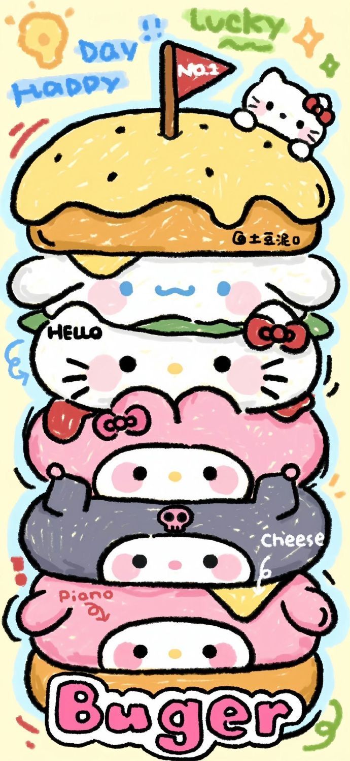 a drawing of hello kitty burgers stacked on top of each other in different colors