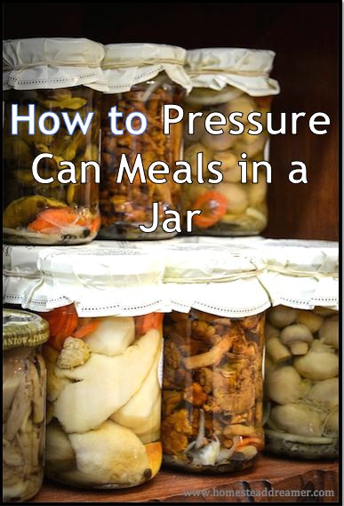 jars filled with food and labeled how to pressure can meals in a jar on a shelf