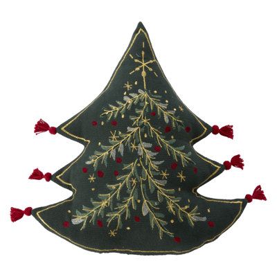 an embroidered christmas tree ornament with red tassels