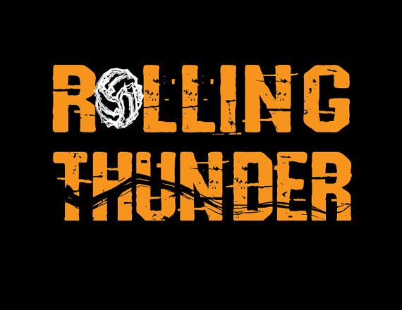 the rolling thunder logo is shown in orange and white on a black background with an orange stripe