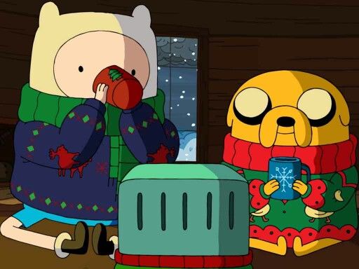 two cartoon characters standing next to each other in front of a christmas tree and presents