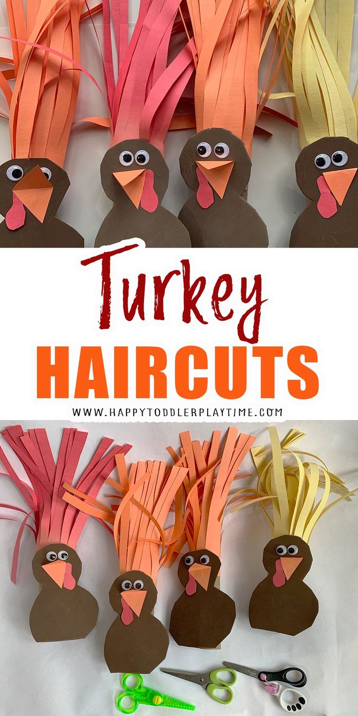 turkey haircuts made out of construction paper and scissors with the words turkey haircuts on them