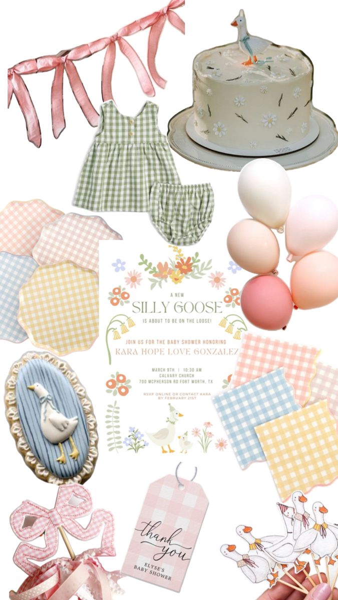 a collage of baby items including a cake and balloons