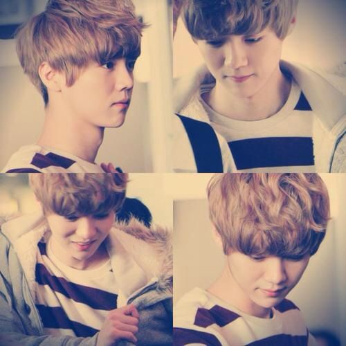 four pictures of the same boy with different hair styles and colors, one is wearing a striped shirt