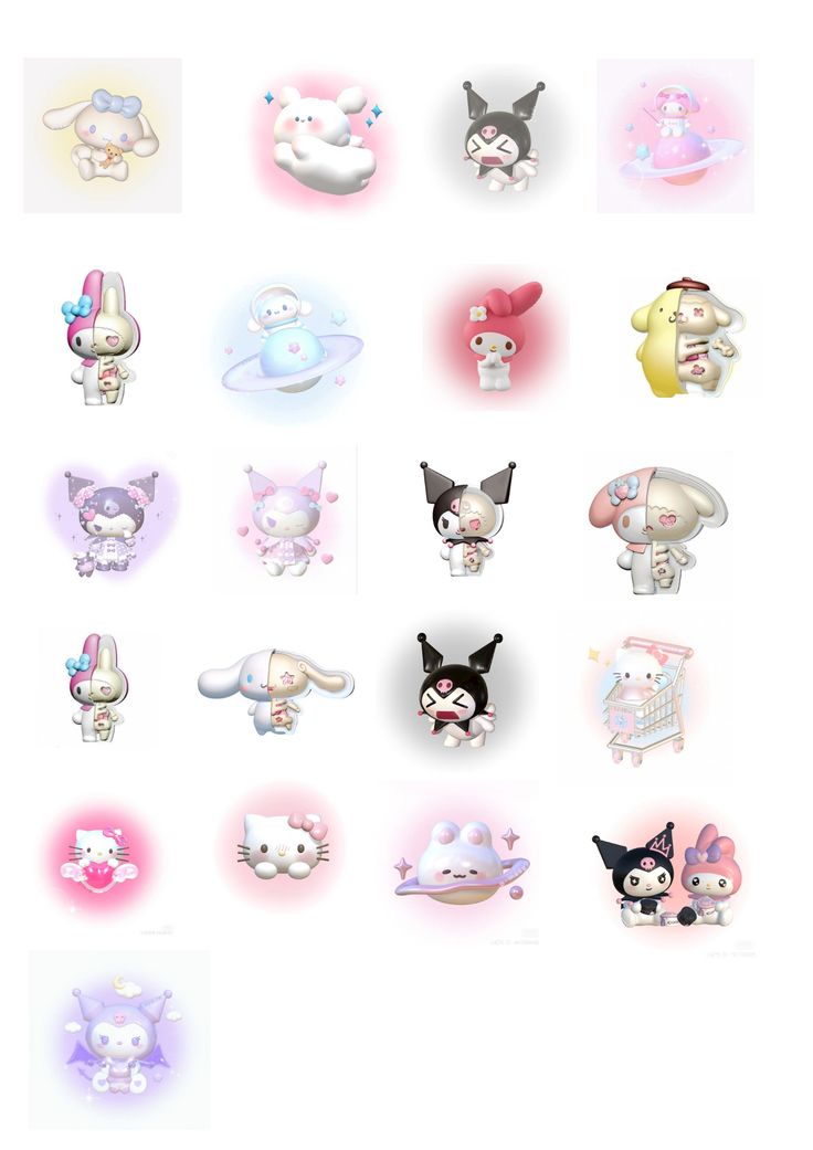 an image of many different cartoon animals on a white background with pink and blue colors