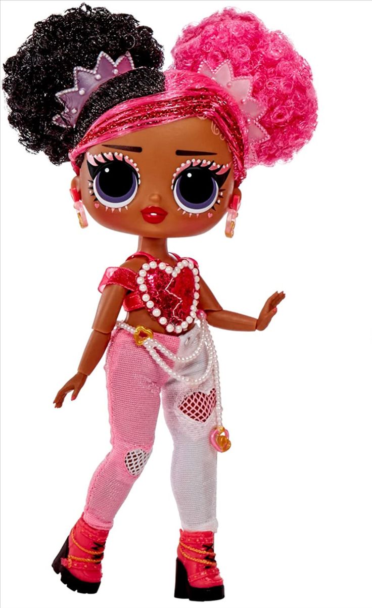 a doll with pink hair and big eyes holding a heart shaped object in her hand