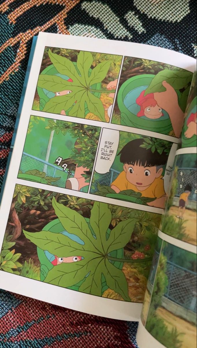 an open children's book with images of people in the jungle and leaves on it