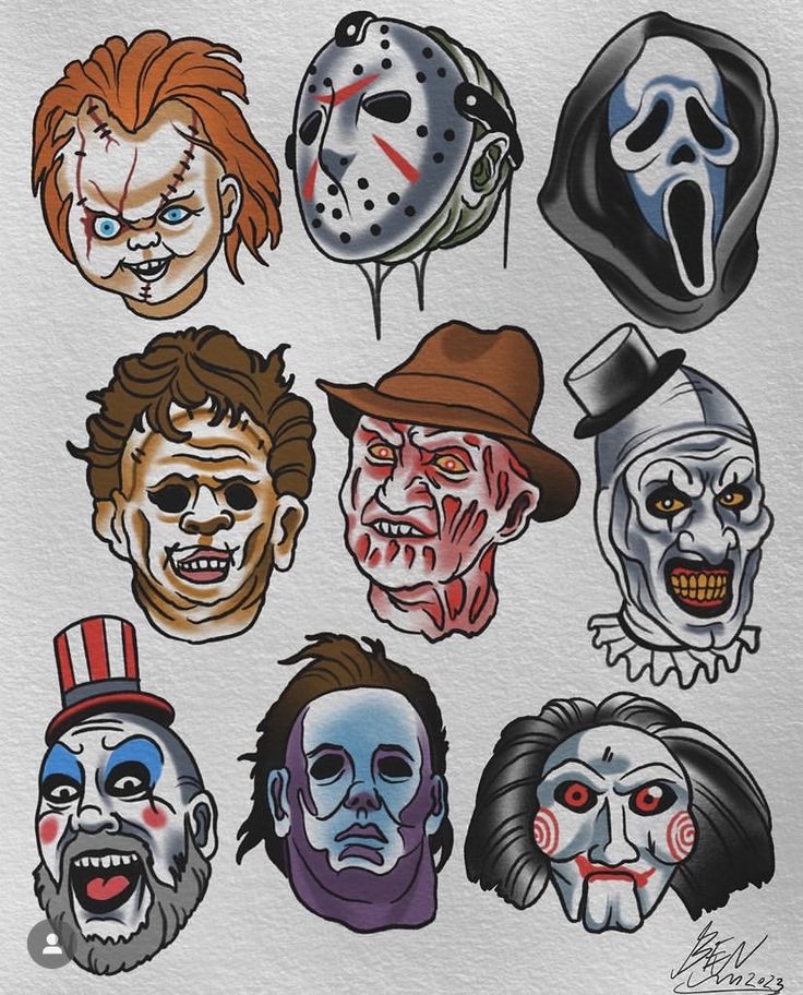 a bunch of scary faces drawn on paper