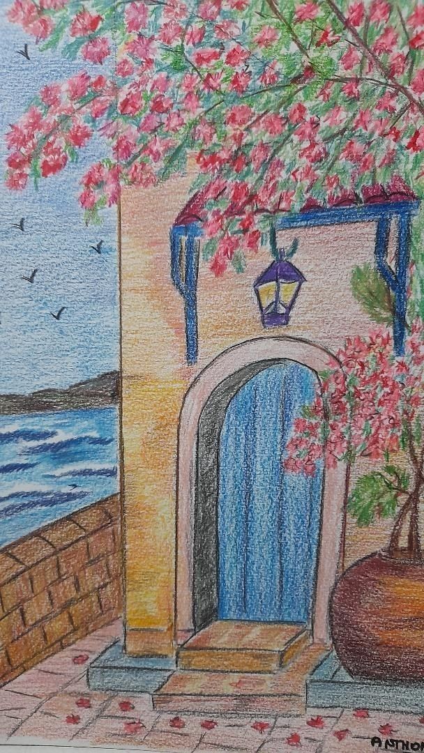 this is a drawing of a house with flowers on the front door and water in the background