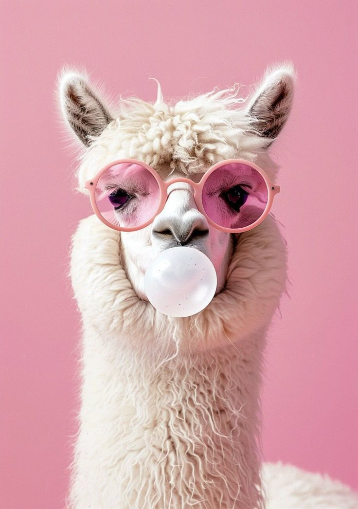 an alpaca wearing pink sunglasses and bubble gum