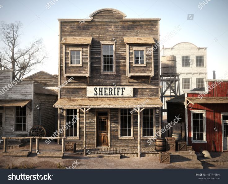 an old western town with wooden buildings and signs on the front door, in sepia tone