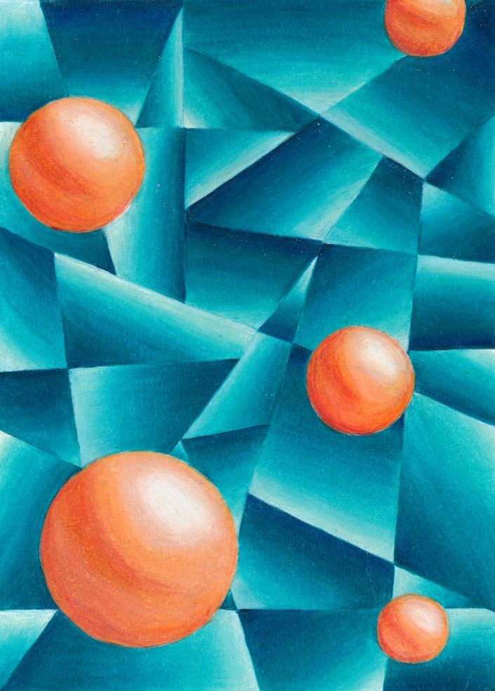 an abstract painting with orange balls in blue and green shapes on the bottom right corner