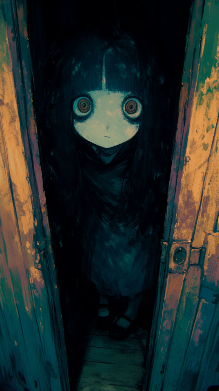 a painting of a girl with big eyes peeking out from an open door to another room