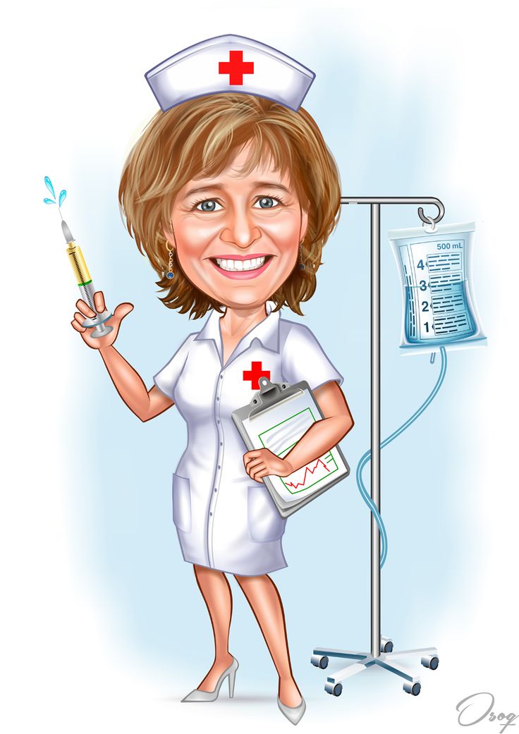 a cartoon nurse is holding a clipboard in one hand and a medical device in the other