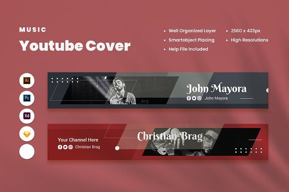 three different colored banners with music logos on one side and an image of john mayora on the other