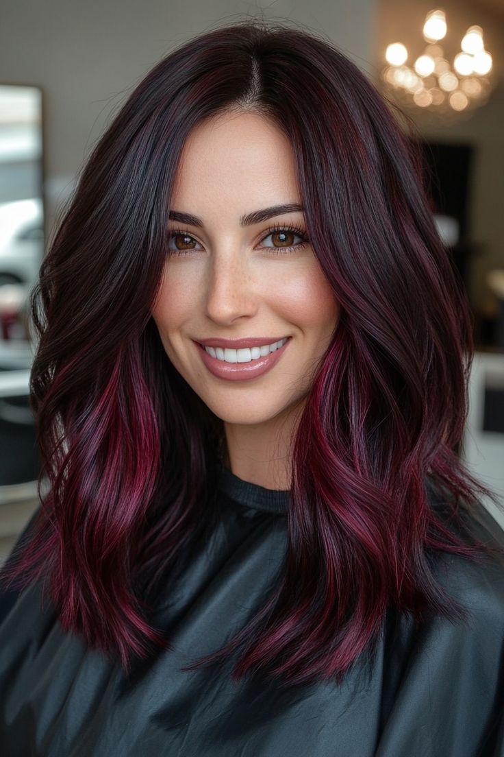 Black Cherry Hair Color Balayage, Red Balyage Long Hair Brunette, Dark Brunette Balayage Hair Shoulder Length, Deep Red And Black Hair, Black Roots Red Ends, Red Wine Hair Color With Highlights, Black Hair With Caramel Balayage, Red Hair Black Roots, Dark Red Wine Hair